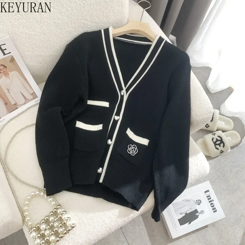 Floral Knitted Cardigan Women Sweater Autumn Korean Elegant Black White Love Button V-Neck Long Sleeve Knitwear Top Sueter Mujer