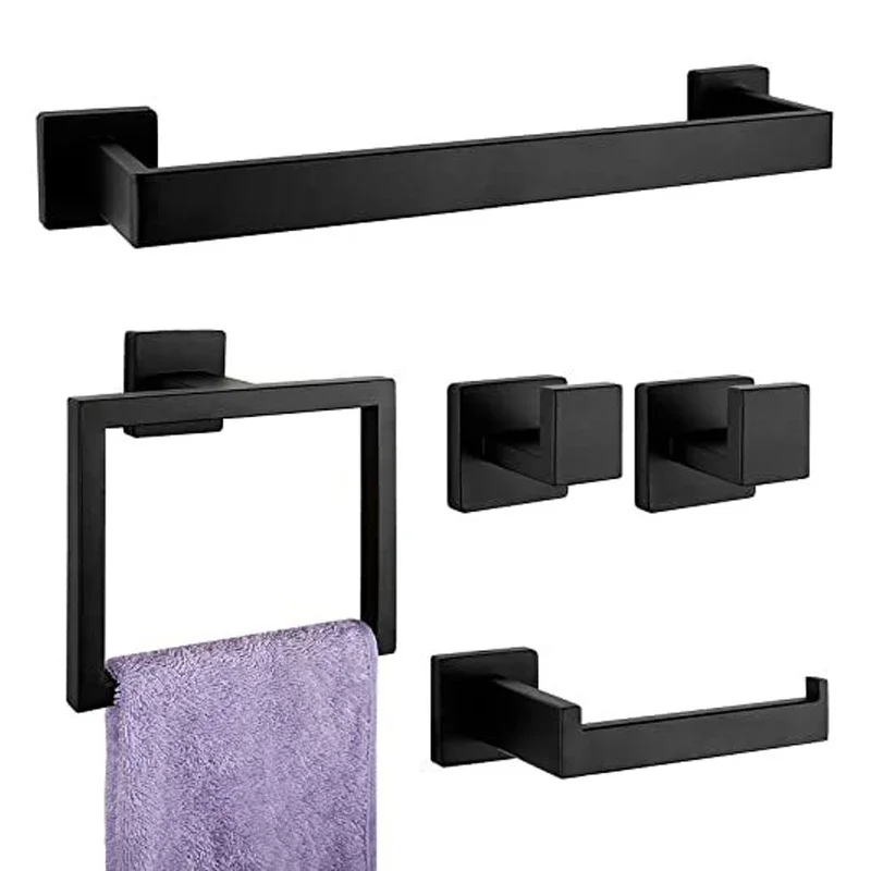 Bathroom Hardware Set Accessories Black Shelf Robe Hook Hanger Towel Rail Bar Rack Tissue Paper Holder Stainless Steel