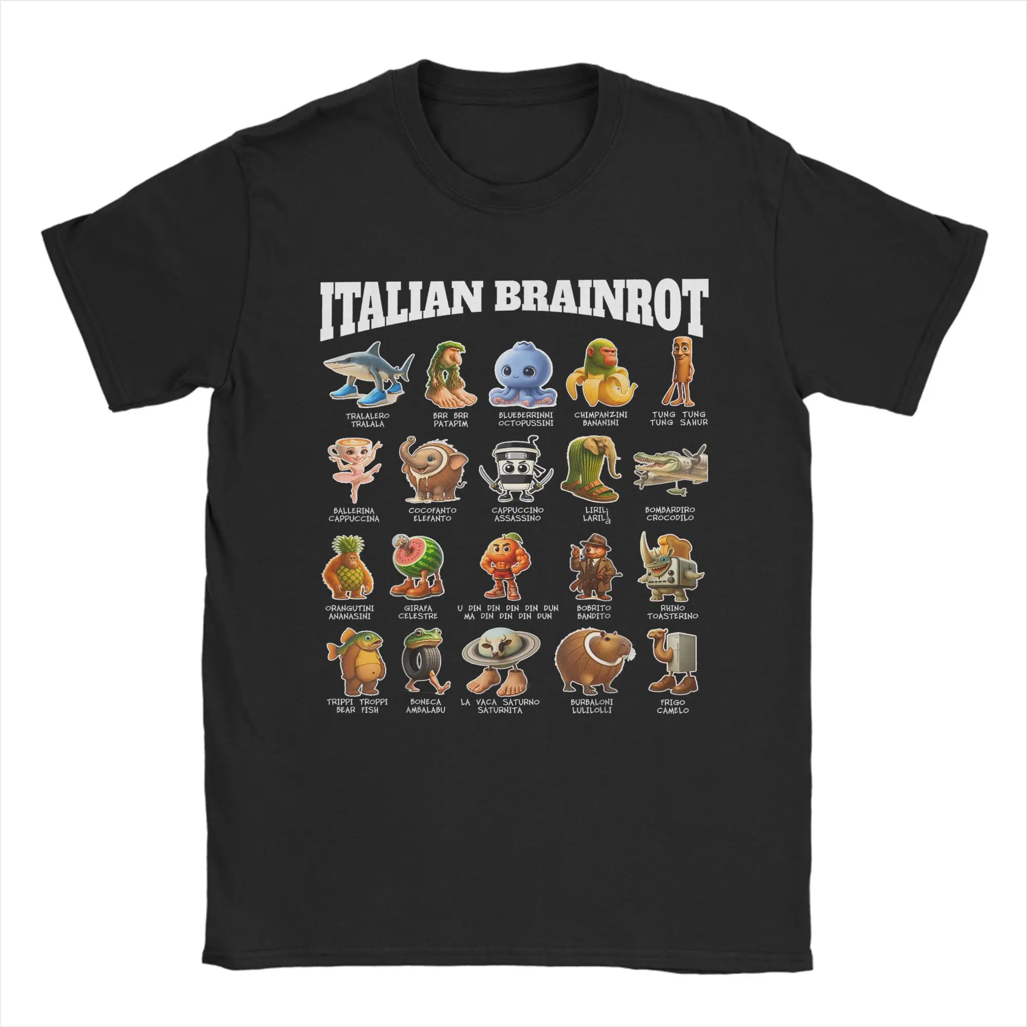 

Italian Brainrot Meme Characters Funny T-Shirt for Men Casual Pure Cotton Tees Round Collar Short Sleeve Big Size Clothing