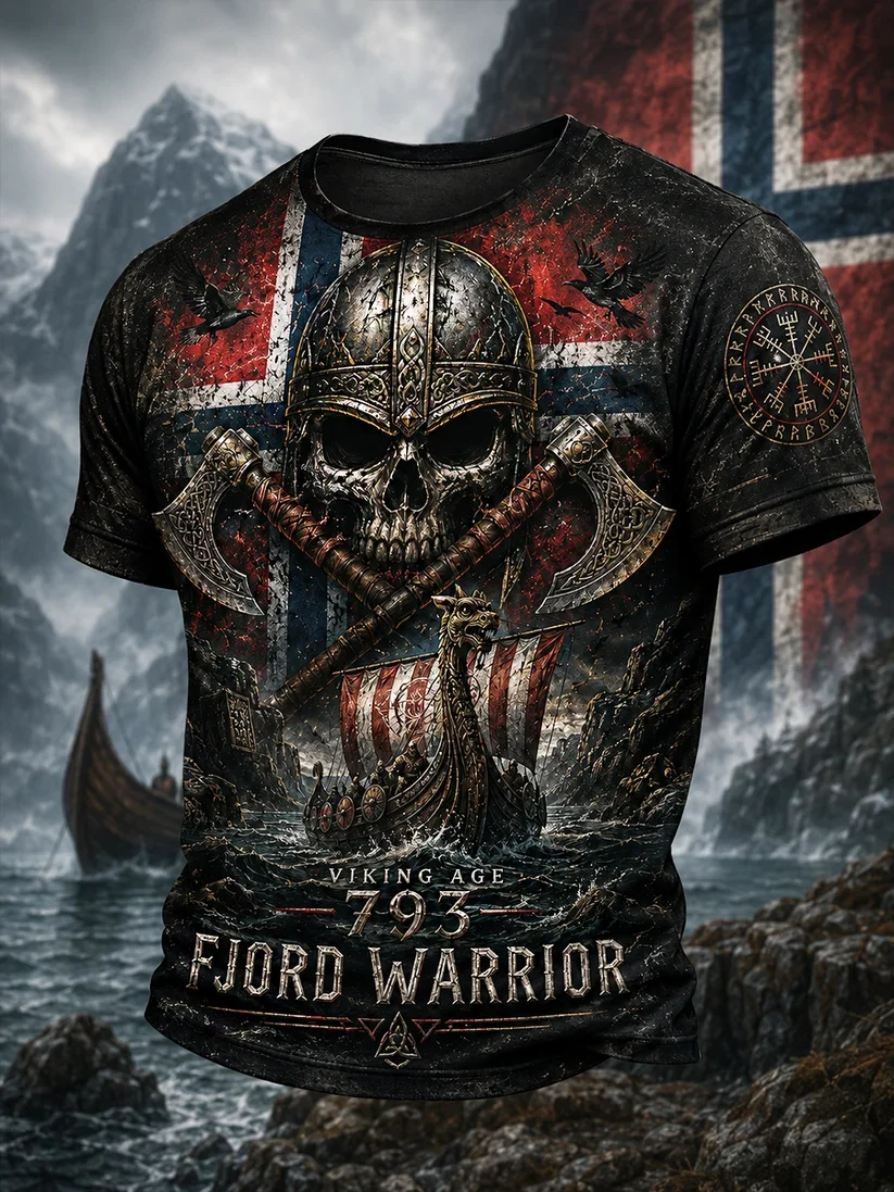 2027 Summer Men's Retro Danish Viking Style 3D Printed Embroidery Breathable Quick-Drying Sporty T-Shirt Family Style Shirt