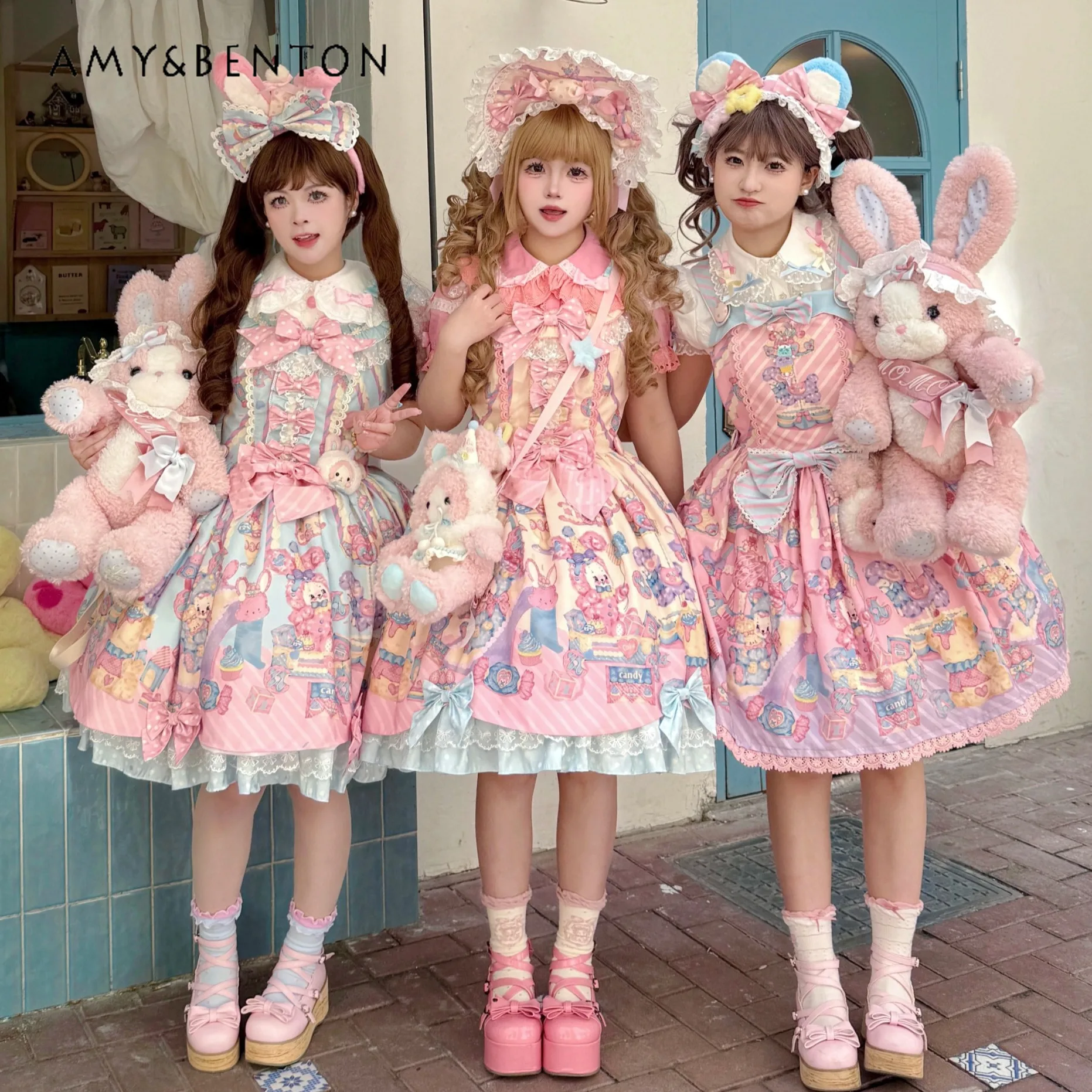 Abito da torta a righe con stampa cartoon Kawaii Lolita Abito da principessa con bretelle a vita alta con fiocco carino originale in pizzo