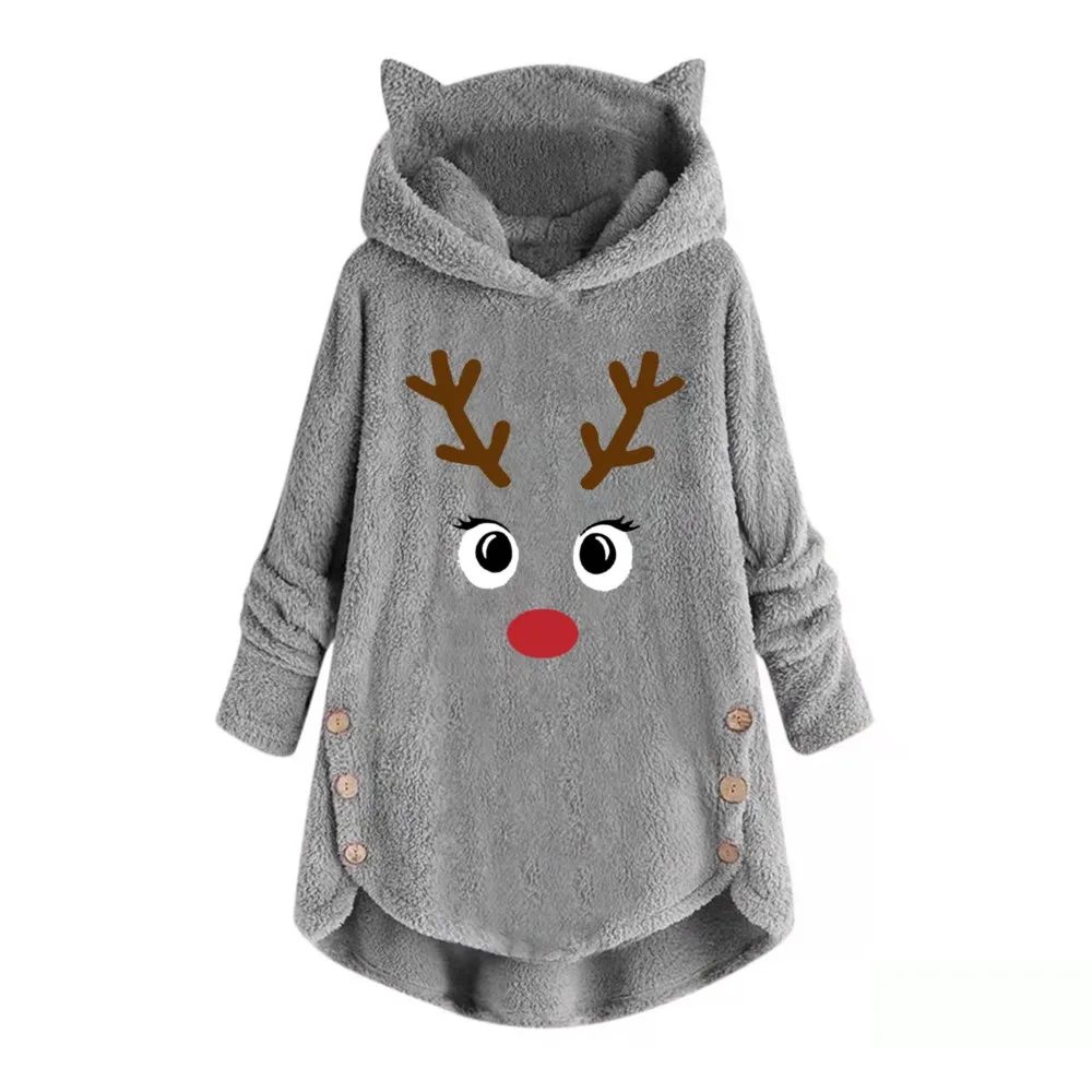 Christmas Plush Hoodie For Women Long Sleeved Printed Deer Ear Tips Double Row Buckle Irregular Hooded Sweatshirts  Y2k Hoodies