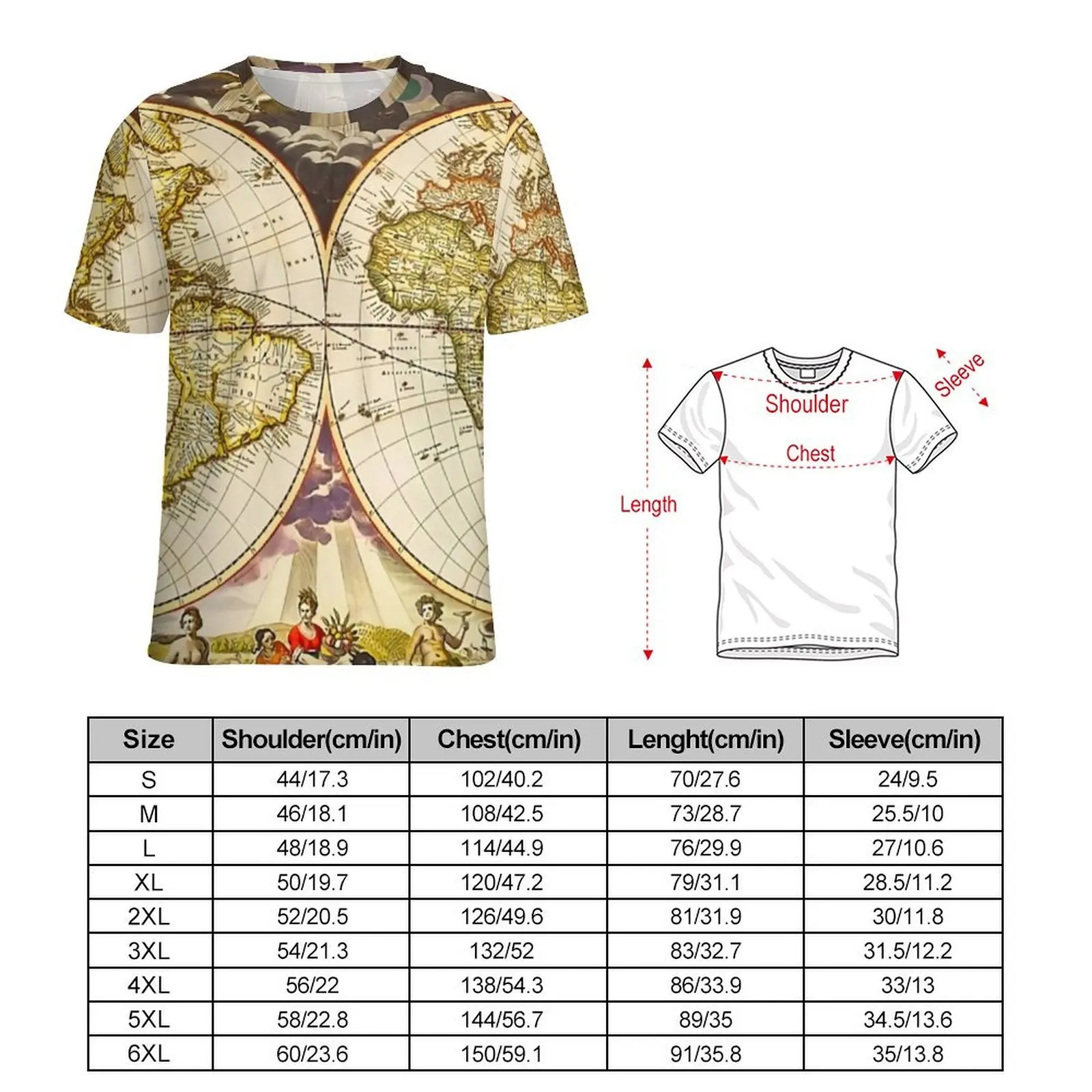 Vintage Earth Map T-Shirt Vintage Anitque Street Style T-Shirts O Neck Popular Tshirt Original Male Design Tops Large Size
