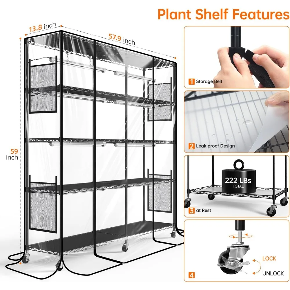 دفيئة داخلية مع أضواء LED للنمو، رف نباتي كبير، أضواء طيف T8 مكونة من 8 قطع، غطاء دفيئة صغير