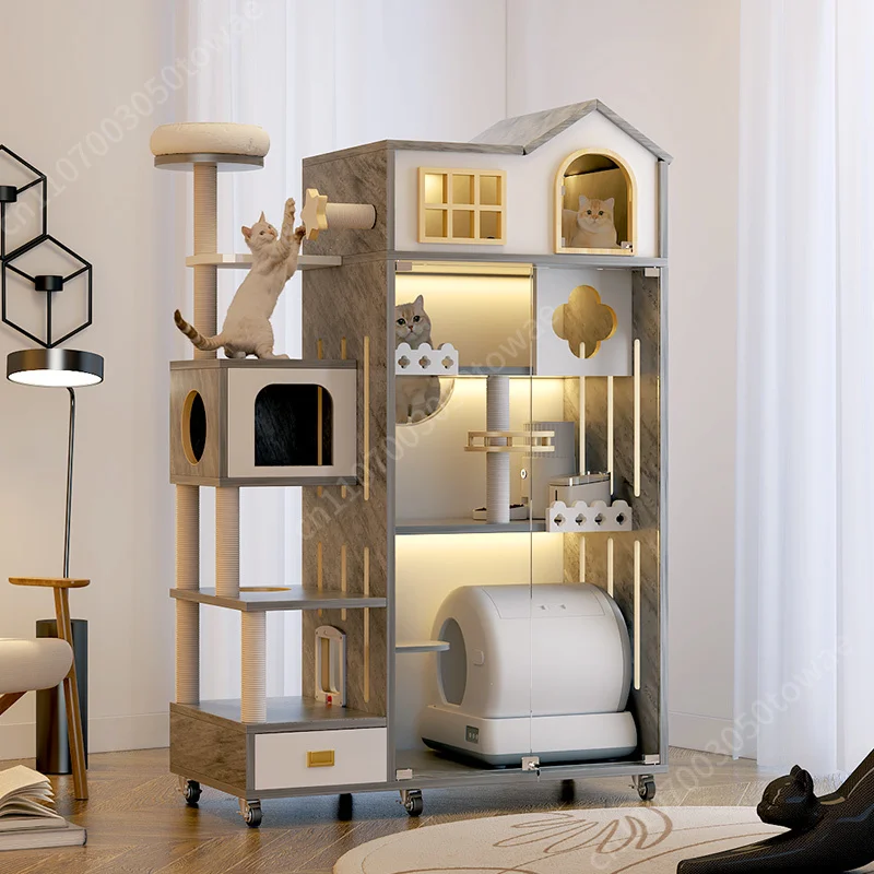 Solid Wood Luxury Cat Villa House Patterned Animal Design Pet Cage Furniture for Breeding