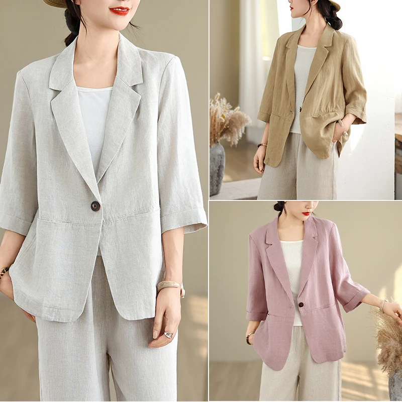 

plus Size Women's Retro Cotton Linen Suit Jaet Spring Autumn New Sle Seven Sve Button up Top Loose Fit Commute Sle