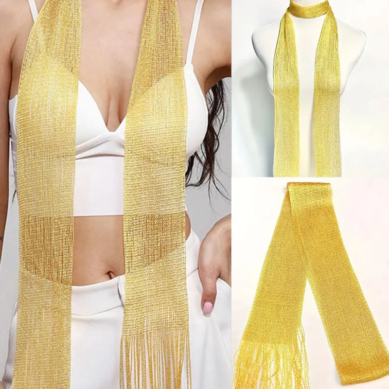 Women Fashion Bright Silk Sunscreen Shawl Tassel Evening Dress Scarf Gold Silver Shiny Necklace Vintage Nightclub Party