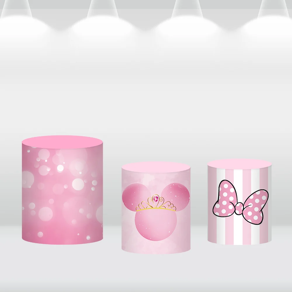 Disney Pink Minnie Mouse Birthday Party Circle Round Backdrop Cover Pink Stripes Flower Girls Baby Shower Cake Cylinder Covers