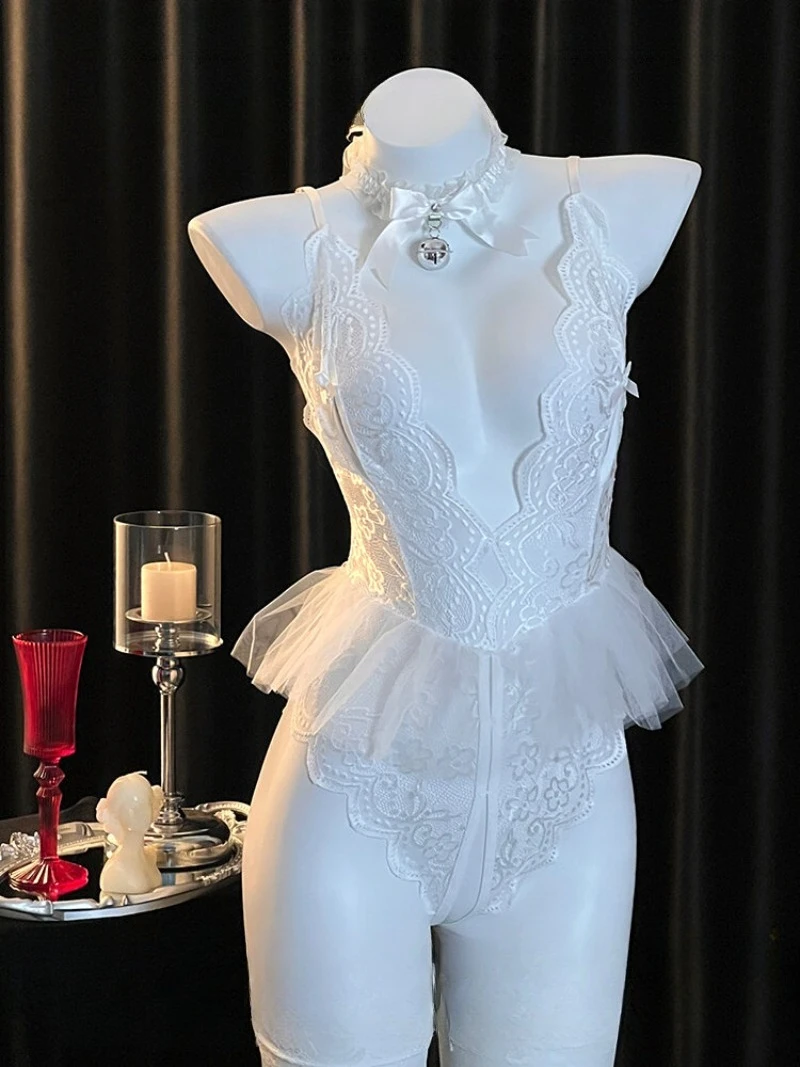 Sexy Ballet Lace Cutout One-Piece Dress,Tulle Short Skirt and Backless Design,Romantic Atmosphere Uniform Women’s Pure Desire