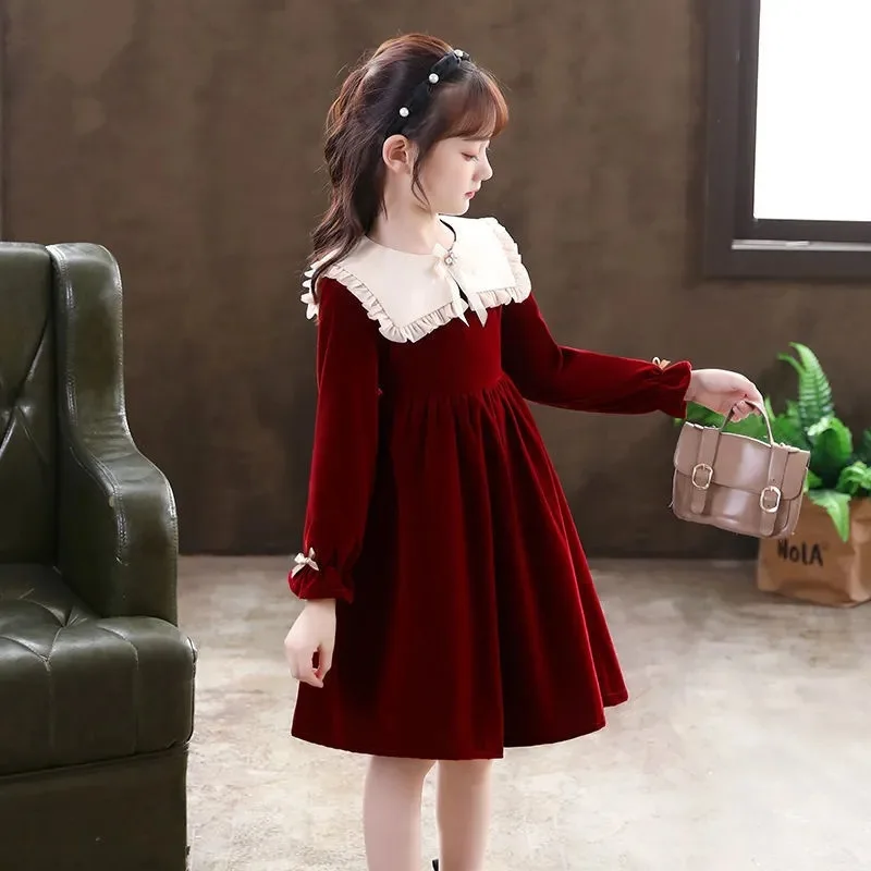 European Winter Autumn Girls Clothes Retro Teens Sailor Lace Collar Uniform Child Princess long Dress 5 6 7 8 9 10 12 14Year