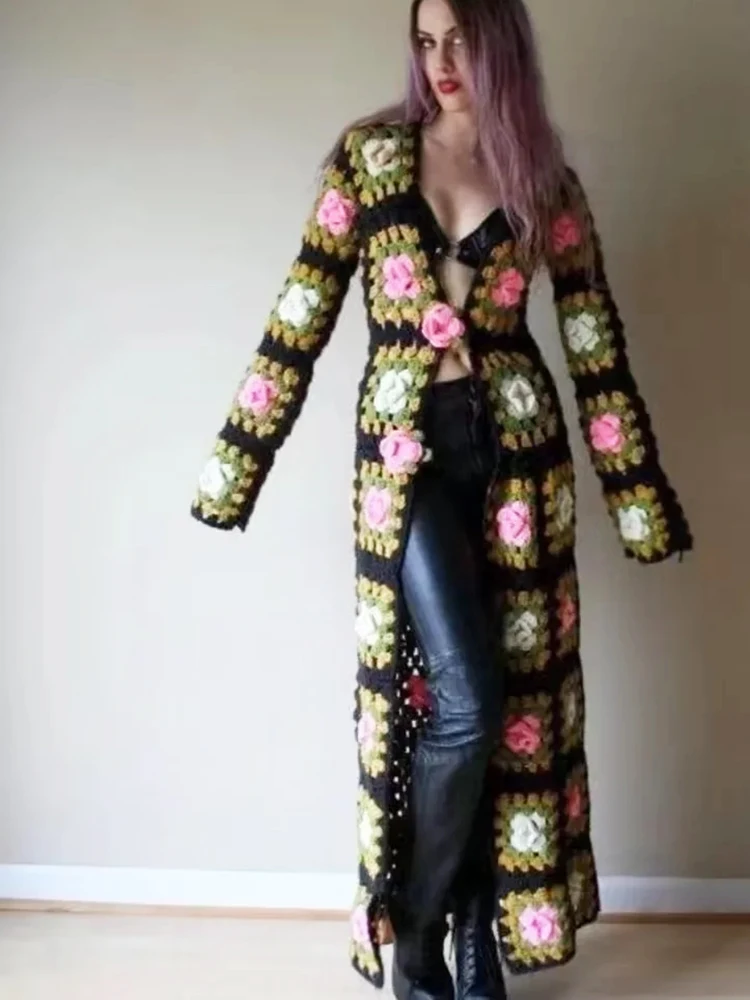 

GypsyLady Handmade Kintted Long Sweater Cardigan Black Multicolor Crochet Women Winter Boho Cardigan Sweater Outerwear Coats