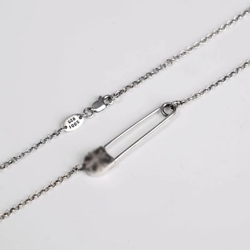 S925 sterling silver vintage pin necklace, hip-hop personality trend, punk men's and women's cross, paper clip, collarbone chain