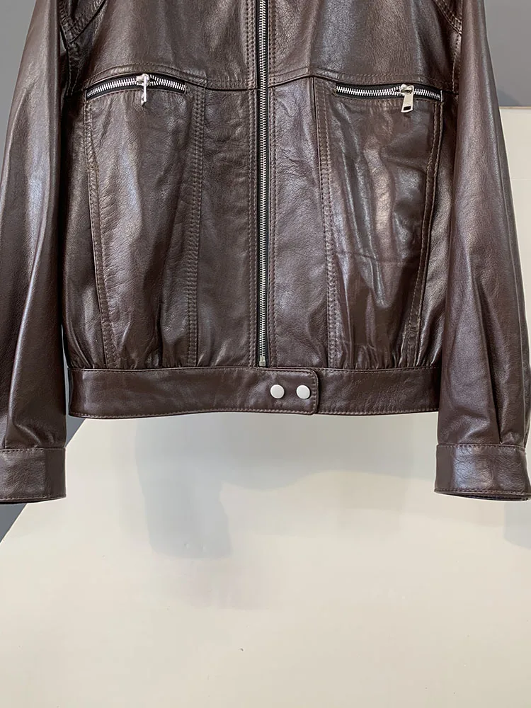 เสื้อแจ็คเก็ตหนังวัวแท้ทรงหลวมสไตล์วินเทจสำหรับผู้หญิง  แบบมีซิป  หนังเคลือบน้ำมัน  คอตั้ง  มีกระเป๋า  ดีไซน์หรูหรา  สไตล์ลำลอง