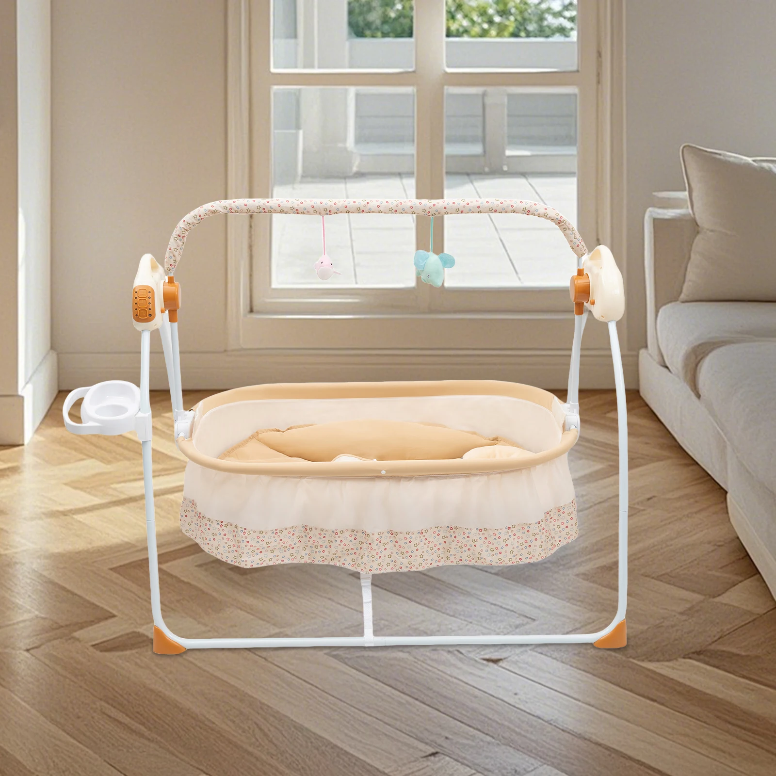 Electric Baby Cradle, 5 Speed Rocking, Bluetooth Lullabies Foldable, Portable 55lbs Capacity Breathable Mosquito Net Safety Straps, suitable for 0-18 Months Nursery Living Room