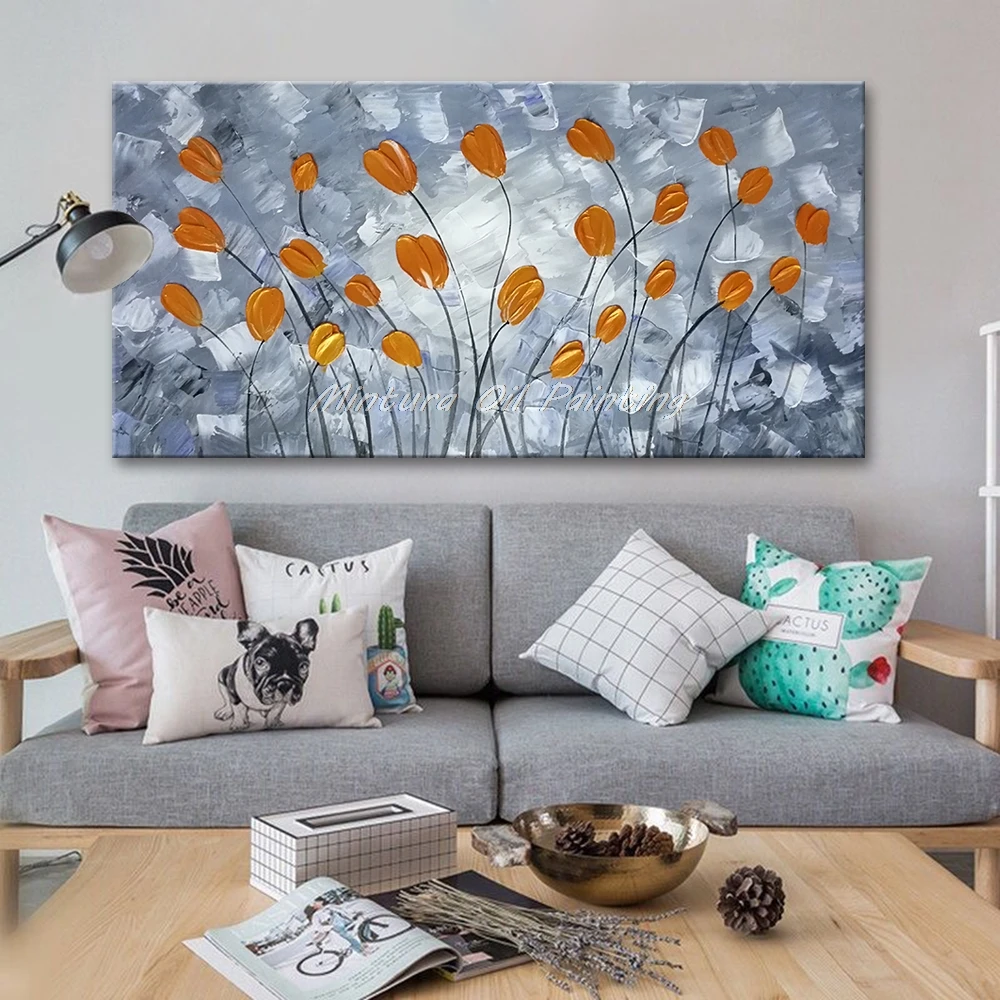 صورة جدار مينتورا لغرفة المعيشة لوحة زيتية على قماش مرسومة يدويًا زيت سميك دهانات سميكة زهور صفراء جدار الفن ، بدون إطار