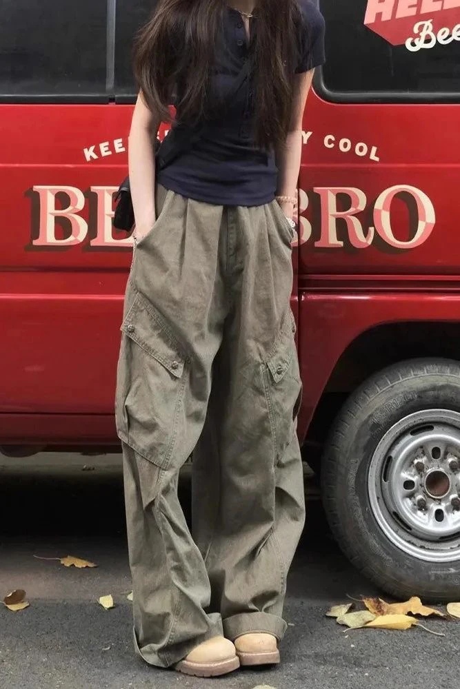 السراويل البضائع النسائية المرنة جيب كامل الخريف القطن هاي ستريت المتضخم الجرونج واسعة الساق المتعثرة المضادة للتجاعيد للعارضية الحضرية #2