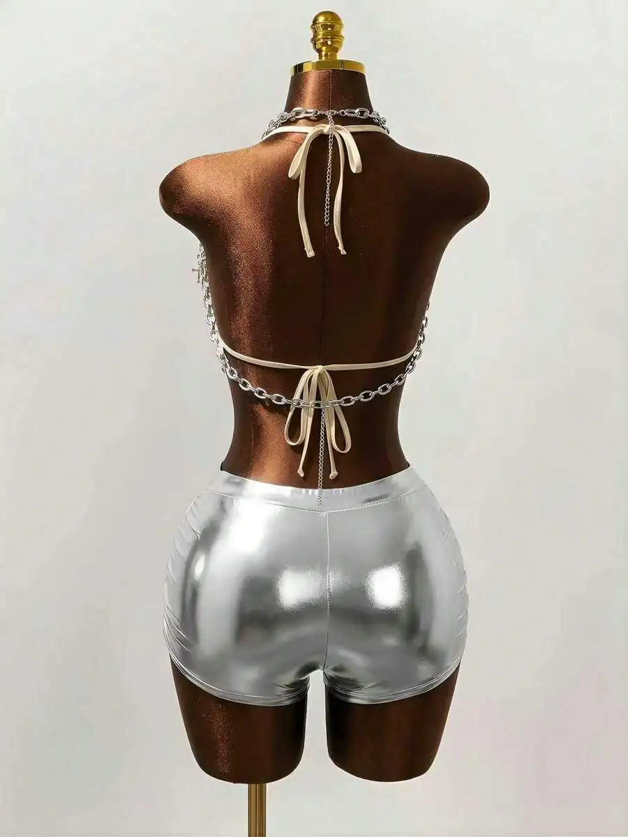 

Metallic Silver Hot Pants With Chain Detailing And Bow Ties For Club, Festival, Beach And Y2K Party Outfits