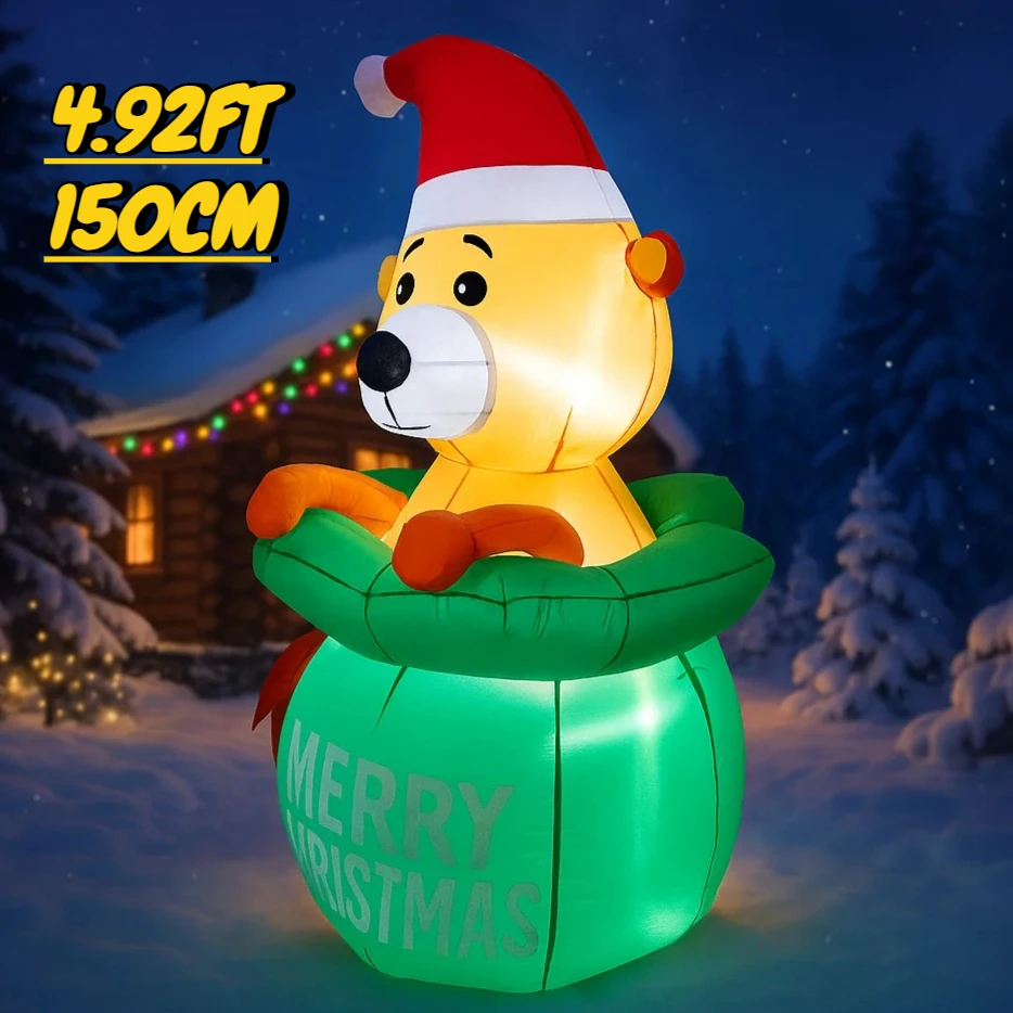 Boneka Beruang Natal Tiup LED 4.92FT dengan Tas Hadiah, Dekorasi Halaman Natal, Perlengkapan Natal, Dekorasi Rumah, Ornamen, Hadiah Natal