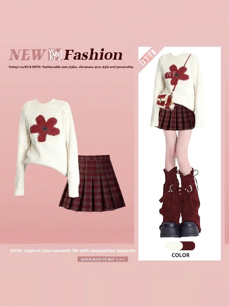 

Вязаный свитер с цветочным принтом, плиссированная юбка с высокой талией, комплект из двух предметов, женский зимний свитер Faion College Sle, круглый свитер Ne