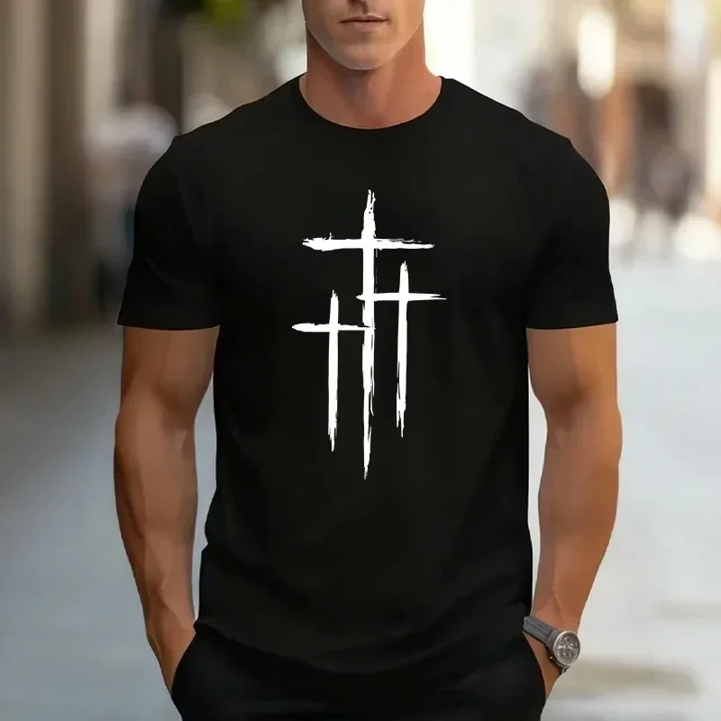 Black White Pure Color Male Home Outdoor Casual Tees  Hot Sale Men's Cotton T-shirt Fashion Cross Print Short Sleeve Top
