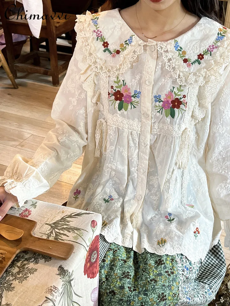 Mori Fashion Lace Peter Pan Collar Shirt 2024 Summer Blouse New Sweet Retro Girl Colorful Flower Embroidered Doll Shirts Top