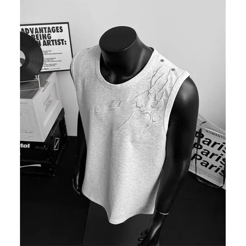 

Foufurieux 2025 New American Lightning Pattern Embroidered Vest Men's Summer Round Neck Sleeveless Camisole T-shirt