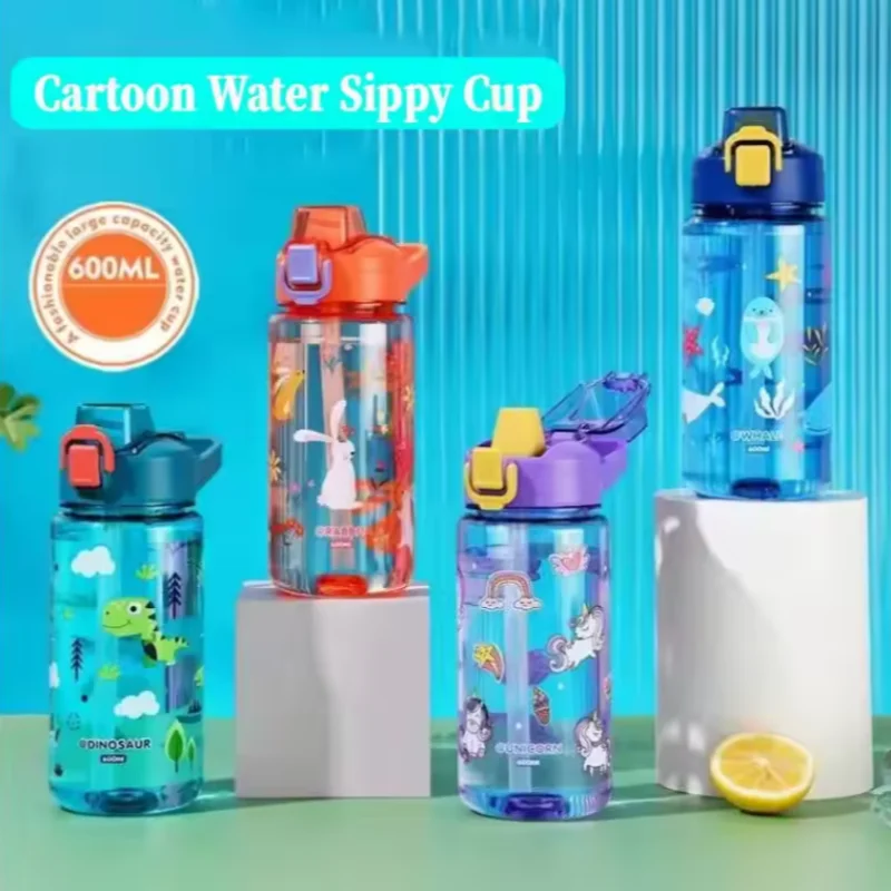 

600ml Dinosaur Water Bottle with Silicone Straw Plastic Water Bottle Leakproof Trendy Drinkware Outdoor Summer Water Cup