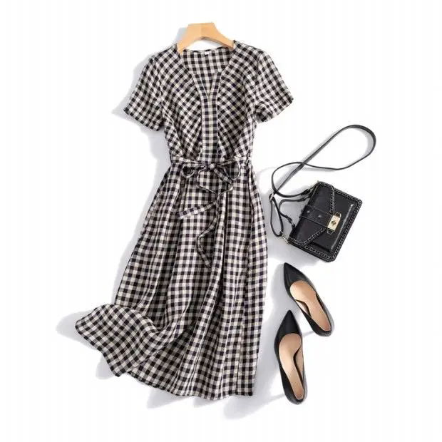 فستان نسائي فضفاض كبير الحجم بتصميم كوري صيفي بأكمام قصيرة وياقة مستديرة مع حزام خصر وتصميم مربعات #3