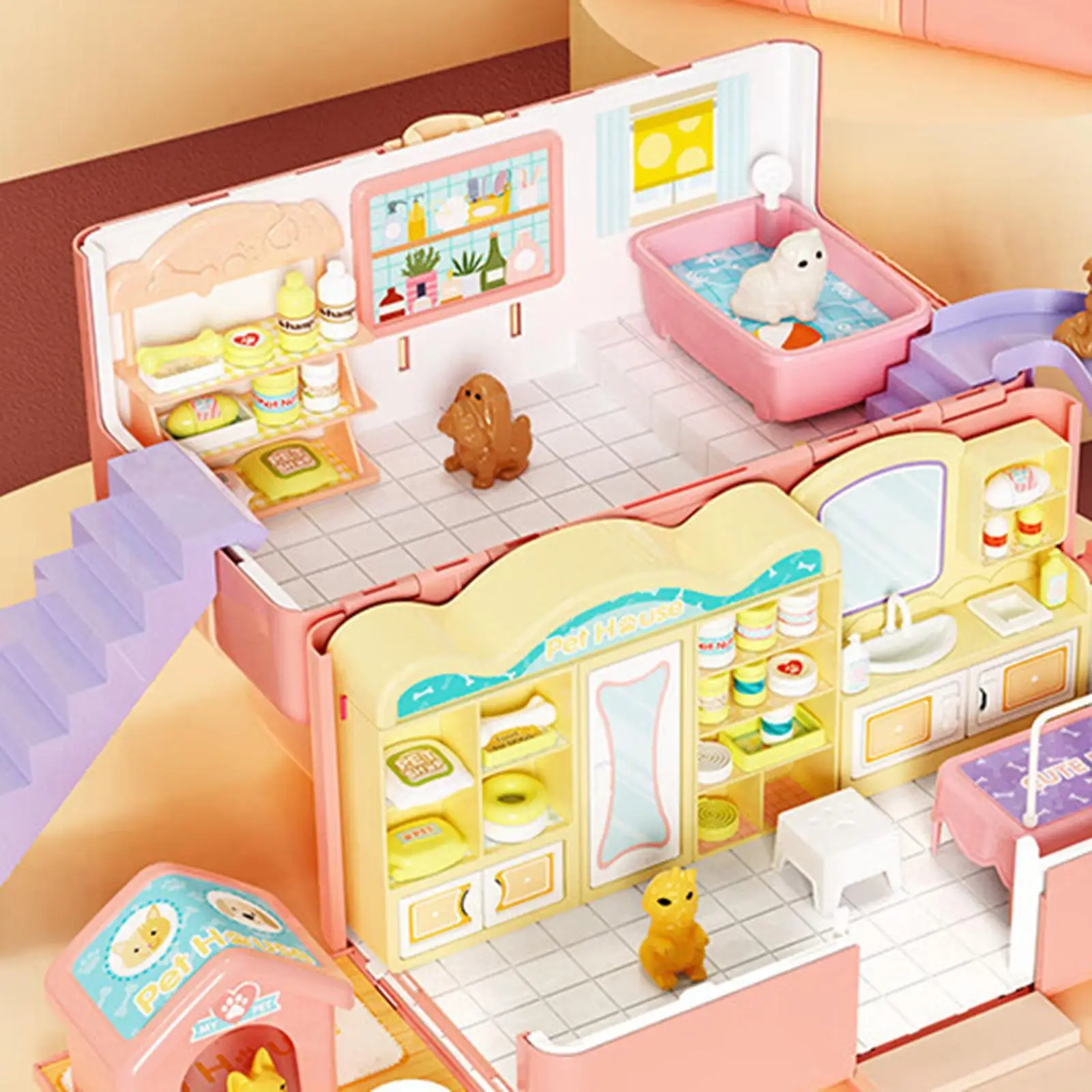 Set da gioco giocattolo per casa delle bambole con casa per animali domestici, regalo di compleanno, casa da gioco pieghevole e da andare, casa delle bambole da viaggio per ragazze dai 3 anni in su