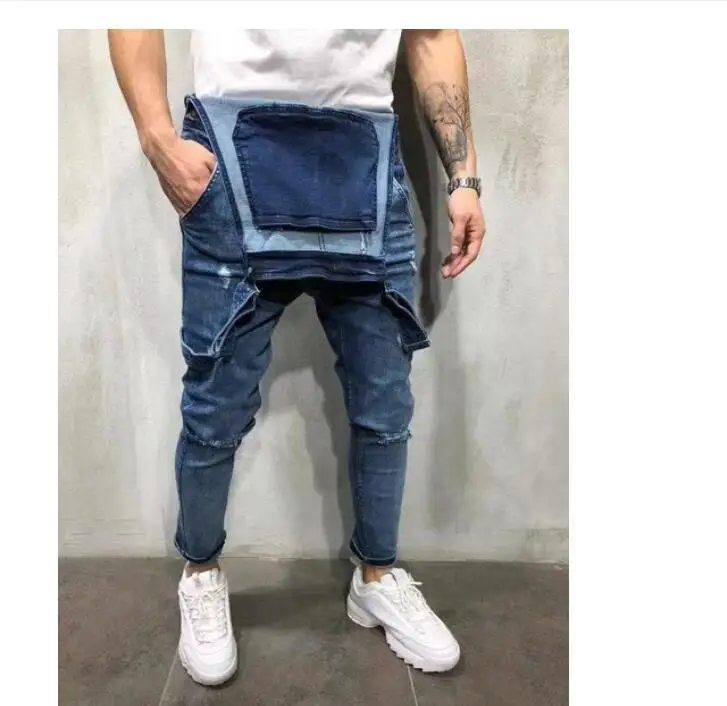 Fashion Loose Men's Suspenders Jumpsuit Denim Overalls Street Man Straight Hole Pants Male Clothing