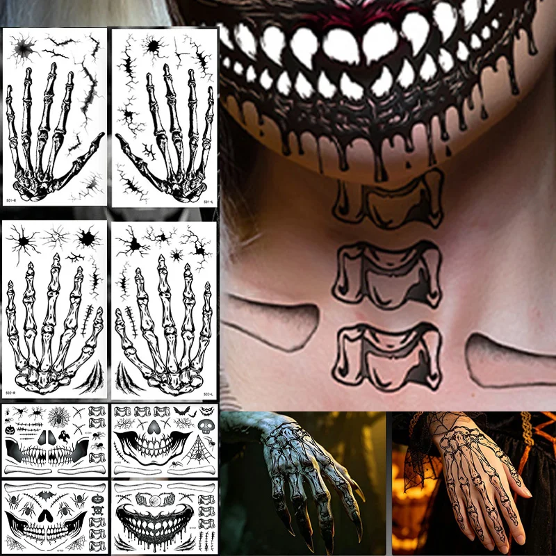 Halloween-Horror-Skelett-Tattoos für Männer und Frauen, Wasserfeste Temporäre Totenkopf-Tattoos für Hand, Arm, Körper, Party-Kostüm-Deko