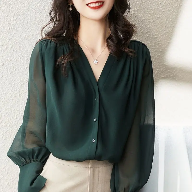 

2025 Spring Autumn New Fashion French Style Women's Long Sleeve V-neck Solid Color Loose Chiffon Shirts Female Clothes Tops