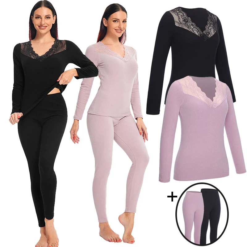 Long Johns for Women Slimmer Look Comfort Lace Pajamas Set Long Sleeve Shirt Pants Set Loungewear