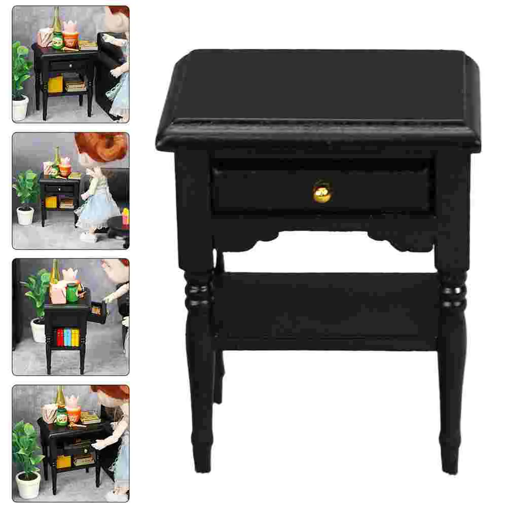 Mini Bedside Table House Ornament Miniature Furniture Wooden Cabinet Craft Model Drawer Decor Black Nightstand