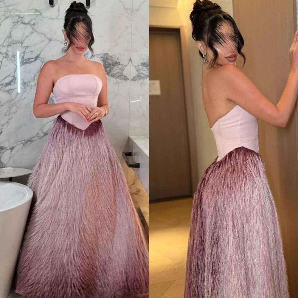 

High Quality Customized Strapless Floor Length Sleeveless Backless Feathers A-line Robe Pour Mariage Invité Evening Dress فساتين