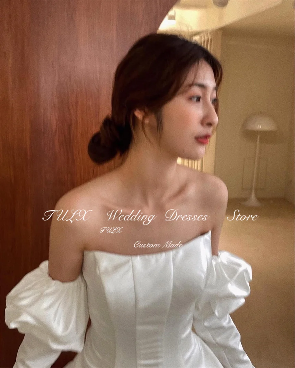 TULX Princess Strapless Ivory Satin Wedding Dress Korea Photo Shoot Puff Long Sleeves Corset Long Bridal Gowns 웨딩드레스 Customized
