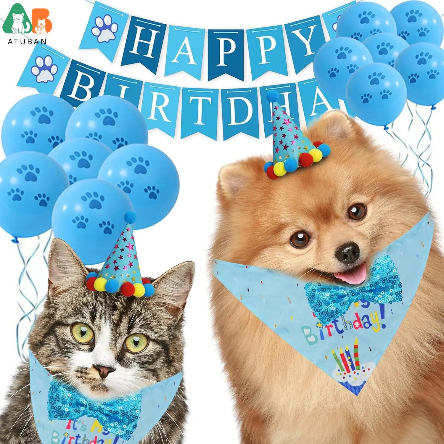 ATUBAN Dog Birthday Set,Scarf,Party Flag,Triangle hat,paw Balloon,with a Cute Bow tie and The Same Color Ties. Suitable for Pets