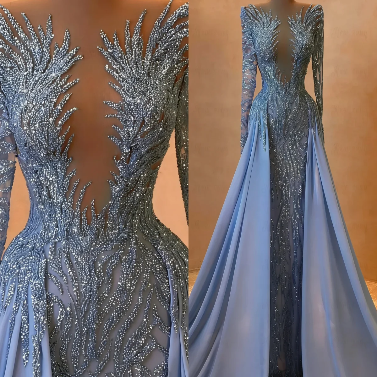 Charmante Perlen-Meerjungfrau-Abendkleider mit tiefem V-Ausschnitt, langen Ärmeln, Ballkleider, Pailletten, Promi-Party, individuell gestaltet