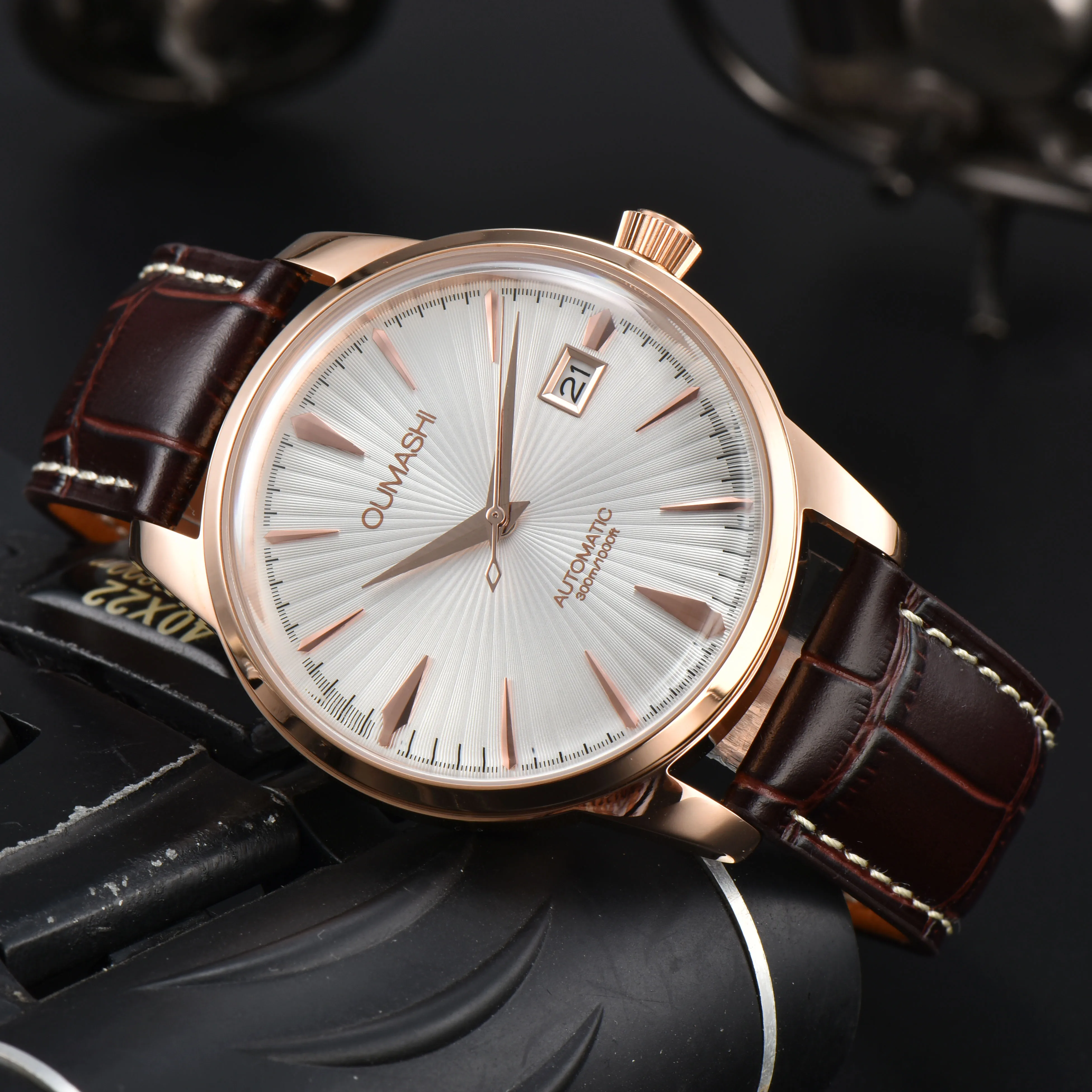 NH35 watch high-end luxury cocktail style rose gold stainless steel case sapphire glass leather strap OUMASHI men\'s watch