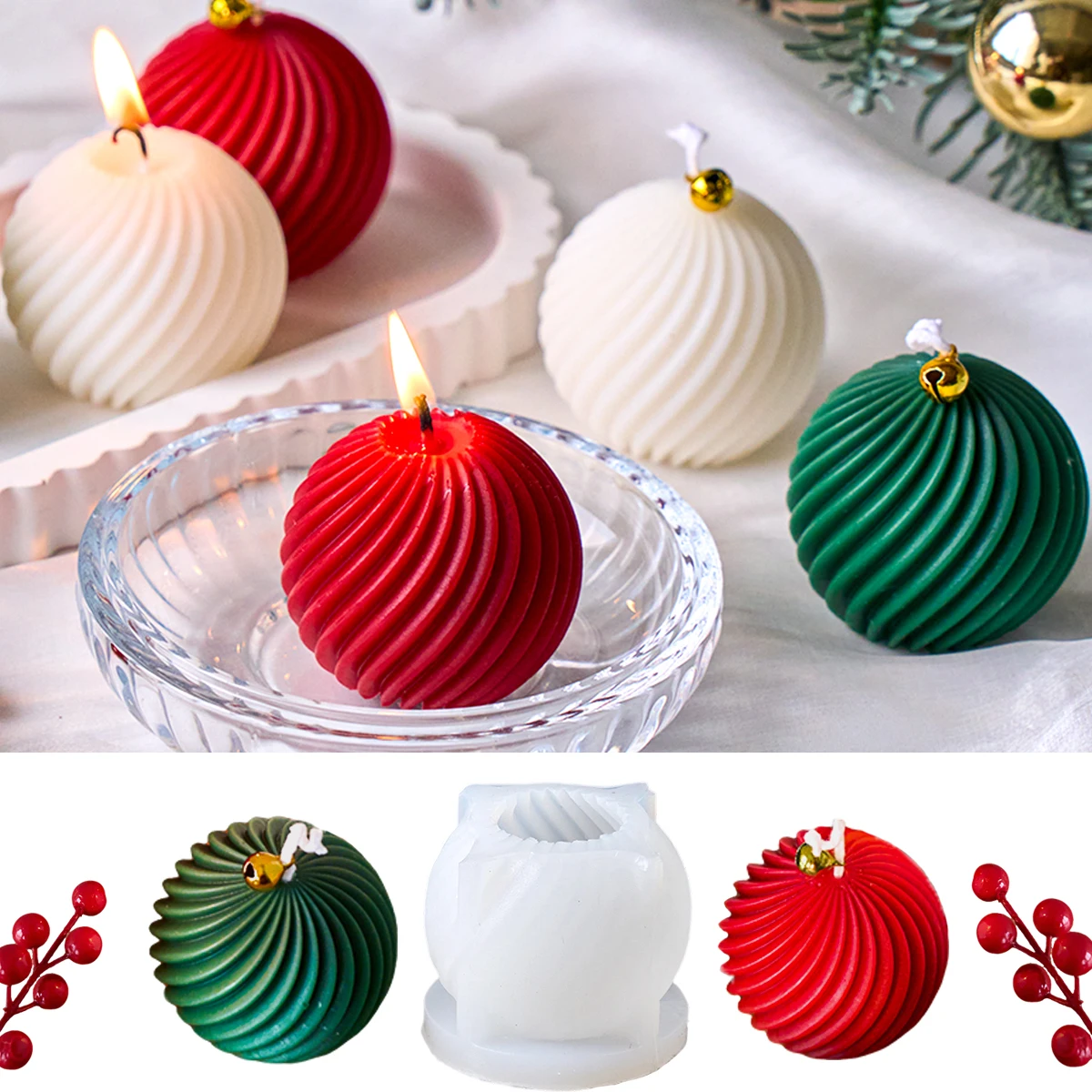 3D Christmas Ball Silicone Candle Mold DIY Handmade Twist Stripes Scented Candle Soap Mold Xmas Craft Gift Home Decor Supplies