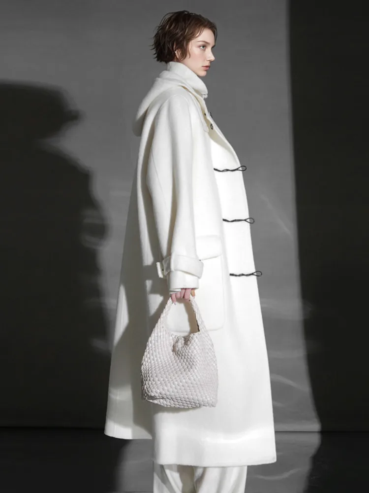 معطف نسائي طويل من مزيج الصوف الأبيض من ZMEENNA مع قلنسوة وإغلاق كبير الحجم ملابس خارجية شتوية طويلة بلون سادة ZM4528