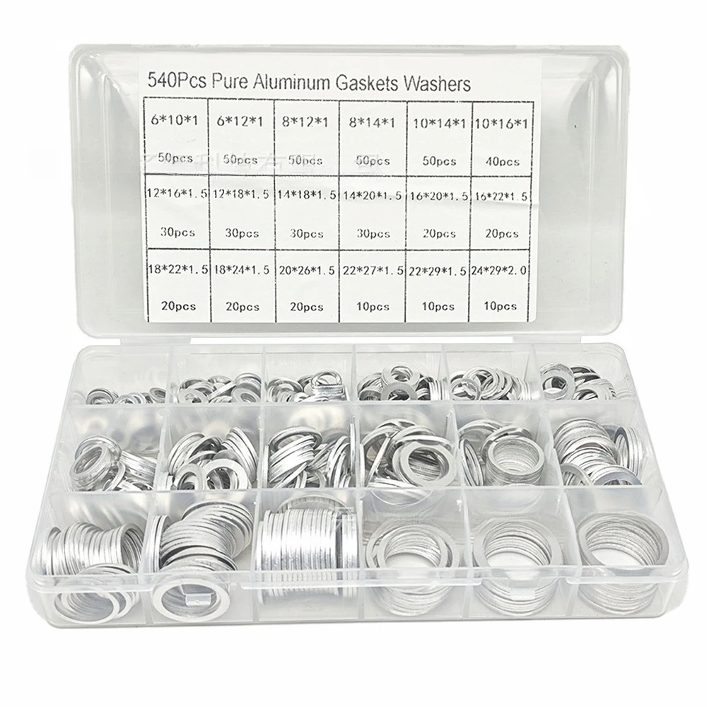 

540Pcs Boxed Aluminum Washer Seal Ring High Temperature Resistant Flat Spring Washer M6-M24 Assortment Kit