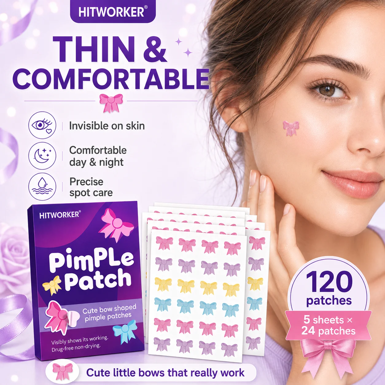120 Adesivos para Acne em Formato de Laço, Adesivos Hidrocoloides Fofos em Formato de Laço para Espinhas, Adesivos Invisíveis para Cobertura de Mancha