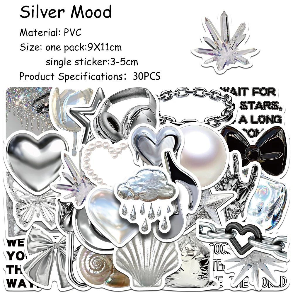 30pcs Cool Silver Mood Sticker Pack Decals For Phone Scrapbook Suitcase Helmet DIY Cartoon Aesthetic Stickers Creative Gifts