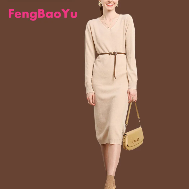 

Fengbaoyu Autumn Winter 100% Cashmere Dress Women's Wool Knitted V-neck Wool Wrap Hip Over Knee Base Skirt Delicate soft Glossy