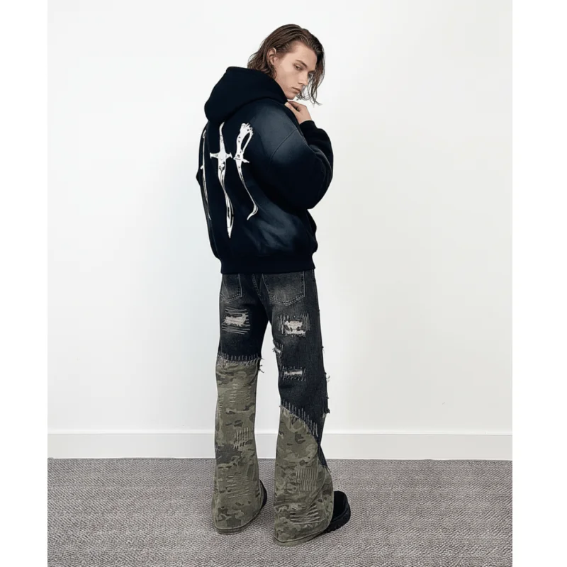 

Personalized spray printed pattern hooded loose casual versatile couple style hoodie with frayed edges hat