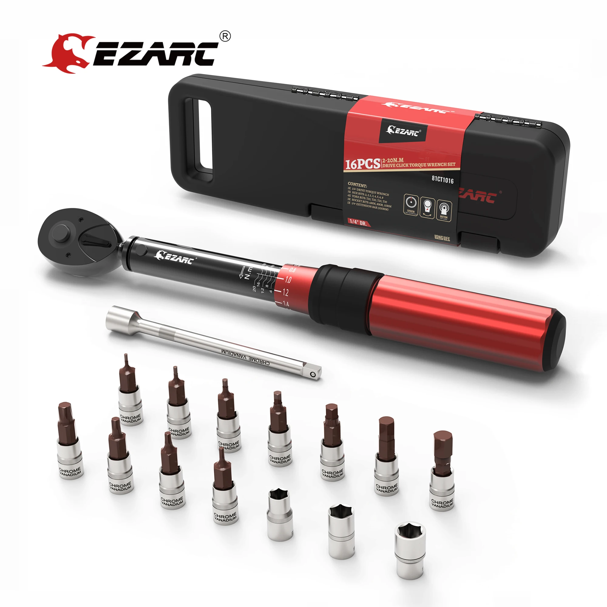 EZARC 16PCS Torque Wrench Set 1/4'' Drive 2-20nm Double Scale Precise Ratchet Wrench Repair Spanner Key Bicycle Maintenance Tool