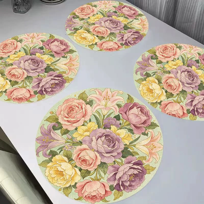 VIKAMA Retro Brown Tone Color Blocked Cow Hair Pattern Circular Linen Placemat Insulation Wear-Resistant Table Mat Desktop