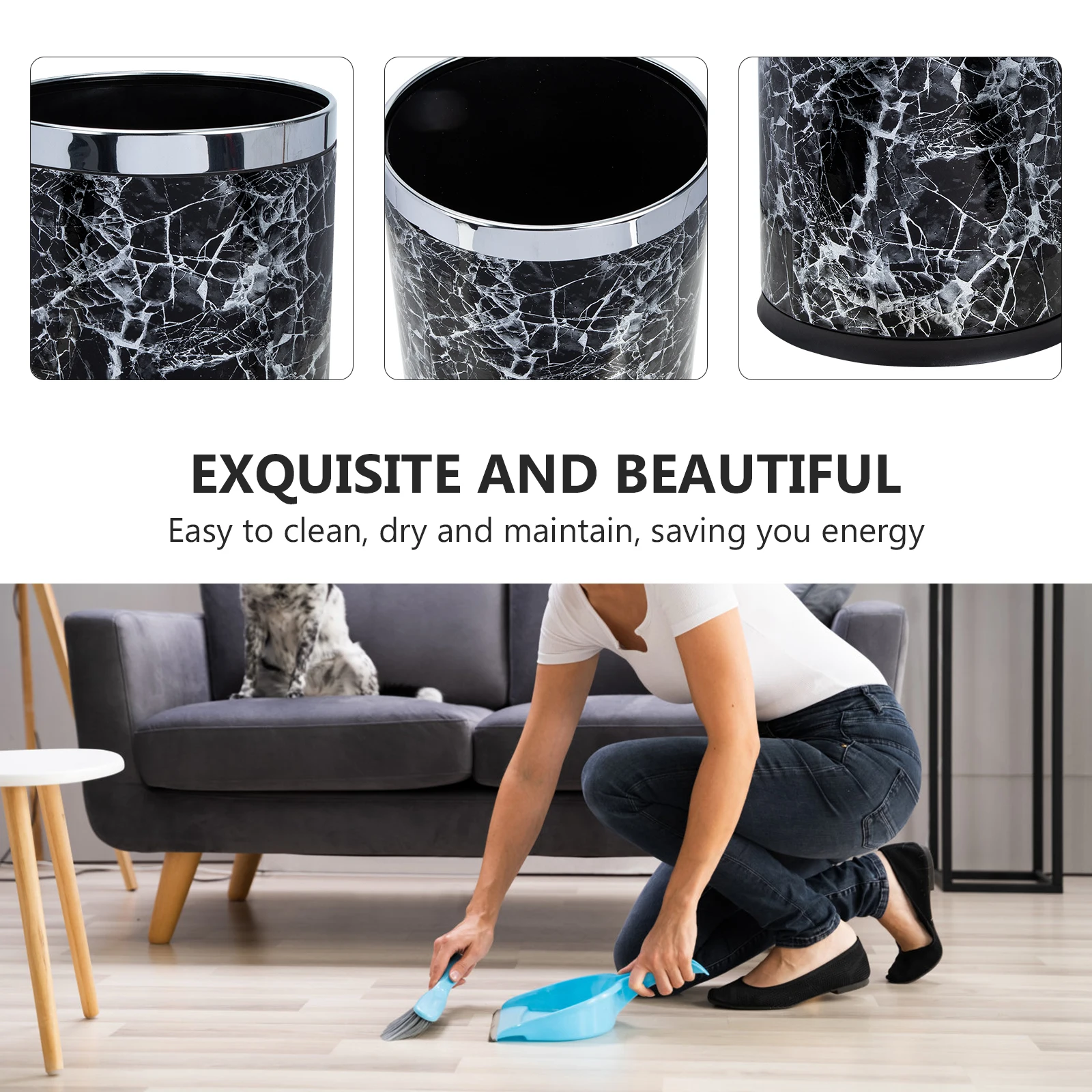 

Plastic Round Trash Can BathroomBins Wastebin Office Cans Marble Pattern Garbage Container Easy Clean Dry Maintain Long Service