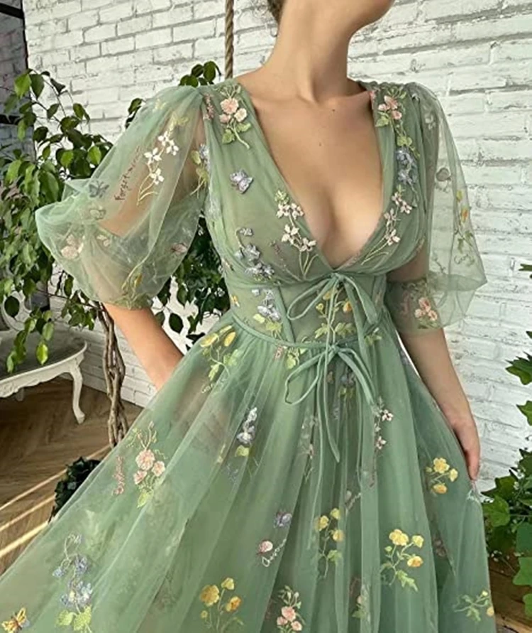 Green Embroidery Lace Prom Dresses Women Puff Sleeves A-Line Long Wedding Party Gowns Open Back Tulle Lace Up Evening Dress 2022